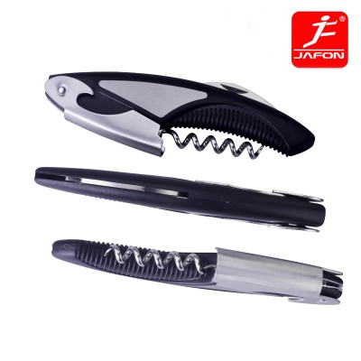 Plastic handle single hinge wine folding corkscrew with serrated knife