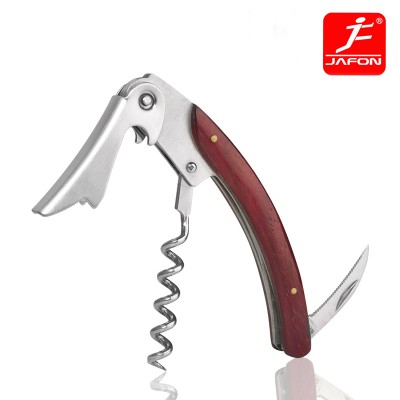 Single hinge wooden corkscrew wine opener with foil cutter